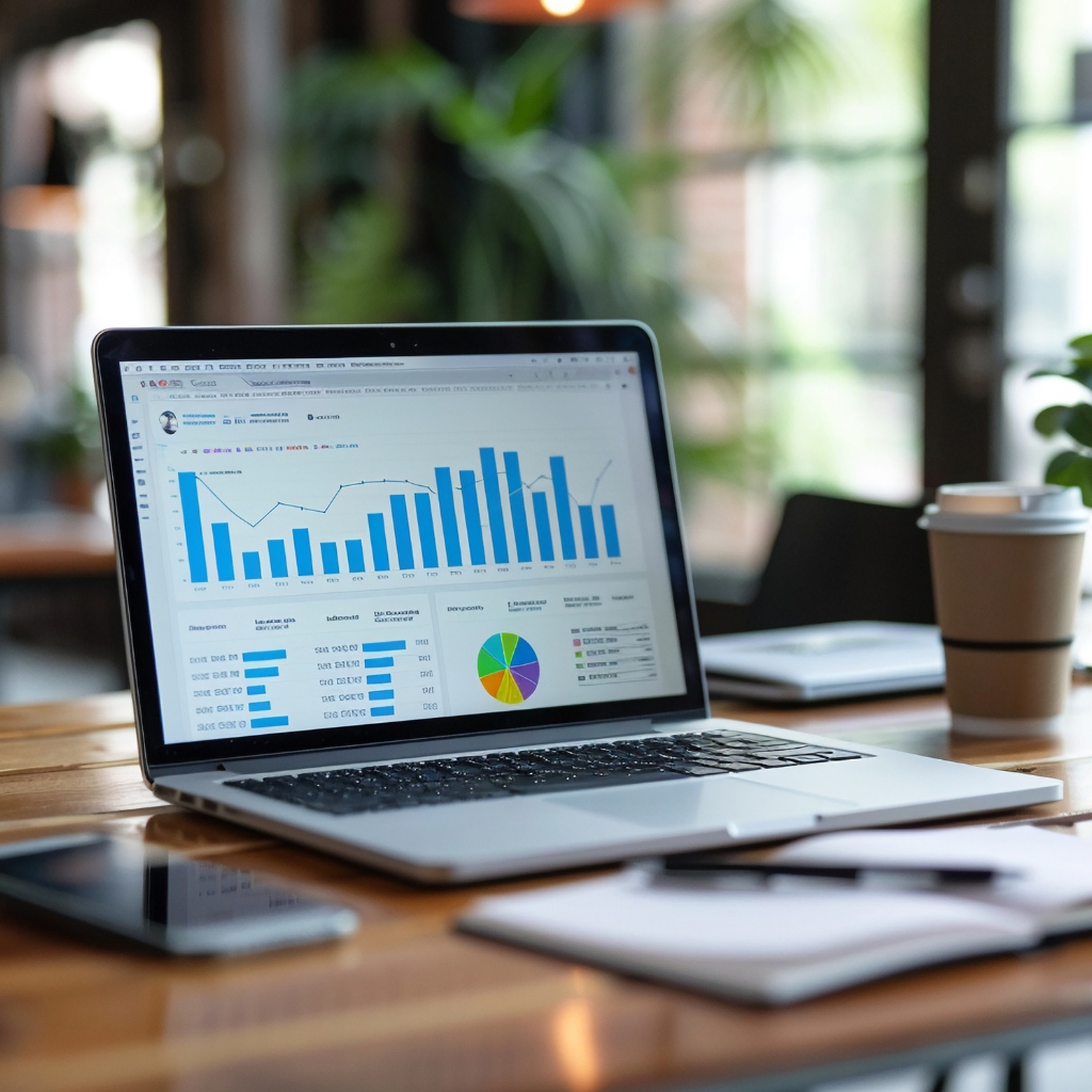 Laptop displaying CRM analytics dashboard on a modern workspace — representing Green Lines’ AI-powered customer relationship management.