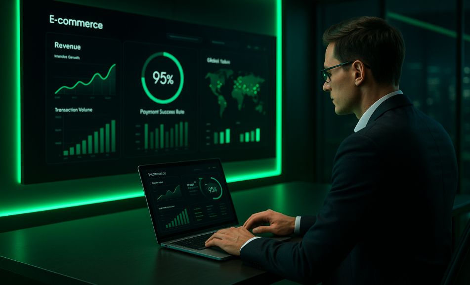 Business professional analyzing e-commerce ERP dashboard with global transaction maps, payment success analytics, and churn reduction graphs in a futuristic green-lit control center.