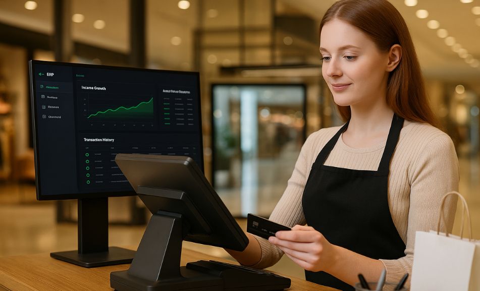 Female retail cashier using a modern POS terminal connected to an ERP dashboard displaying income growth and transaction data inside a UAE shopping mall.
