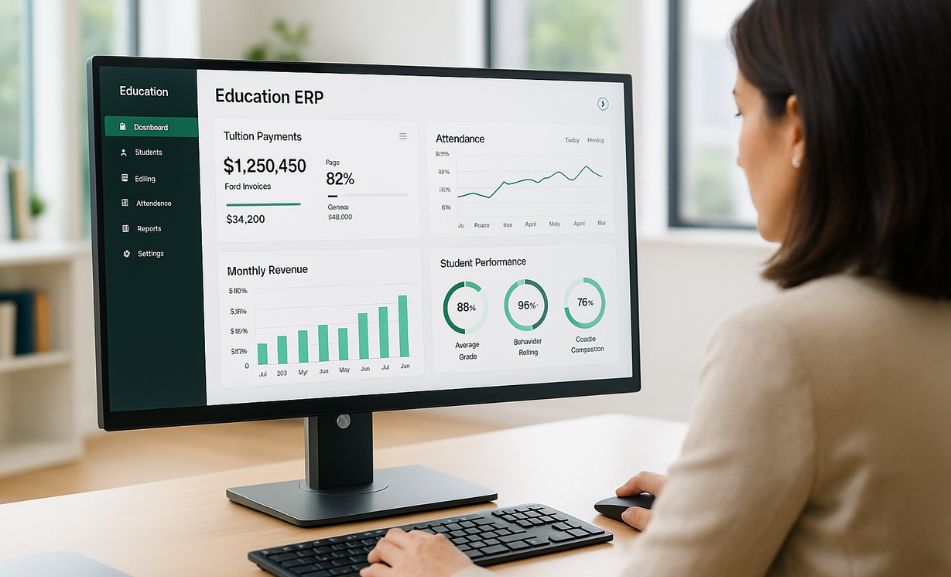 Green Lines Education ERP dashboard showing school analytics, tuition payments, and attendance data for Bright Future Academy smart campus.